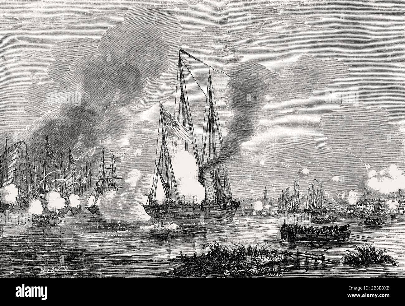 Naval Battle between the English Navy and Chinese junk ships, Second Opium War, 1857 Stock Photo