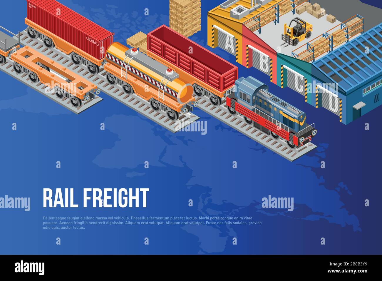 Bright isometric vector design with trains on railway and warehouse for ...