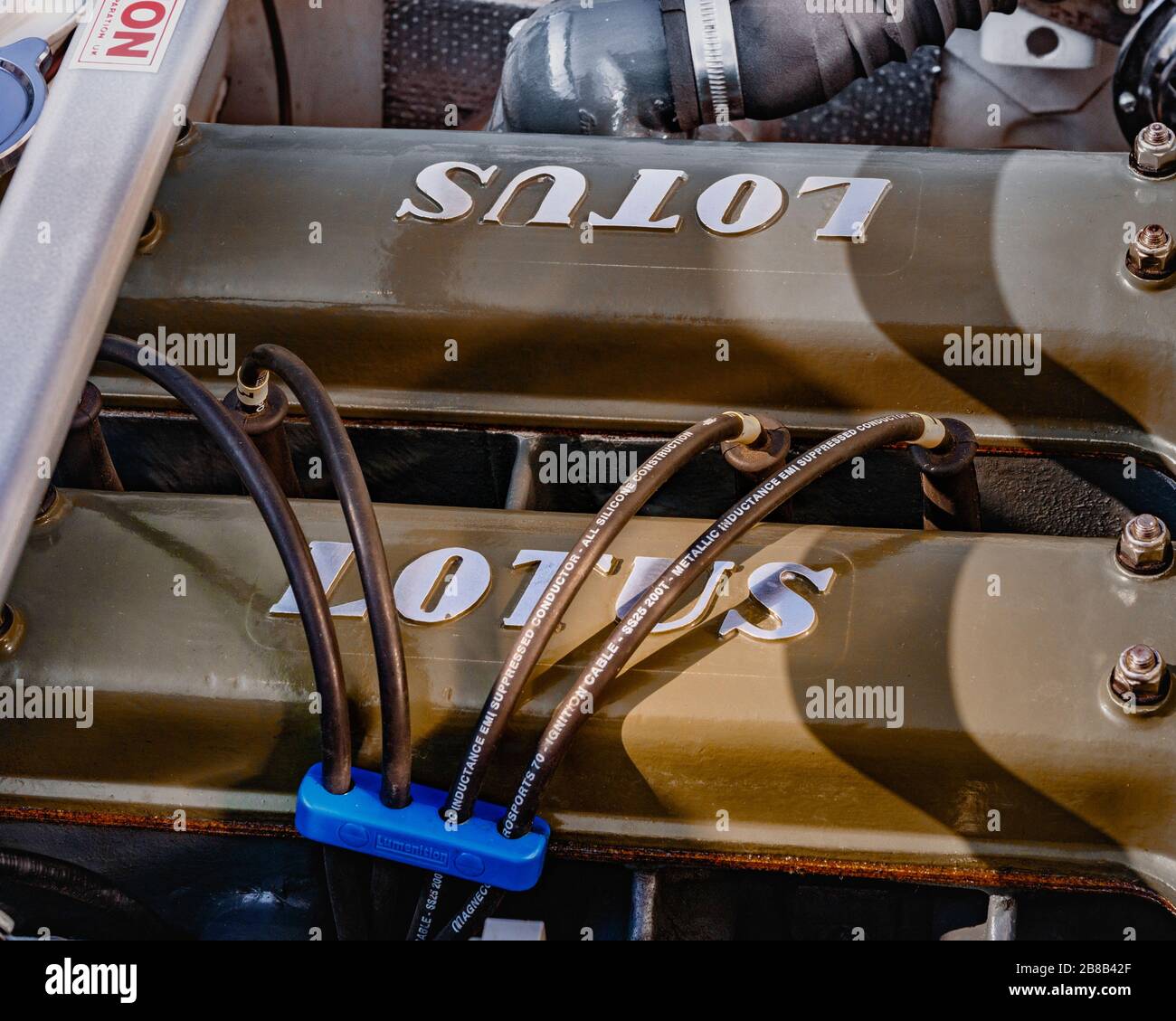 inside the engine of a classic lotus car Stock Photo