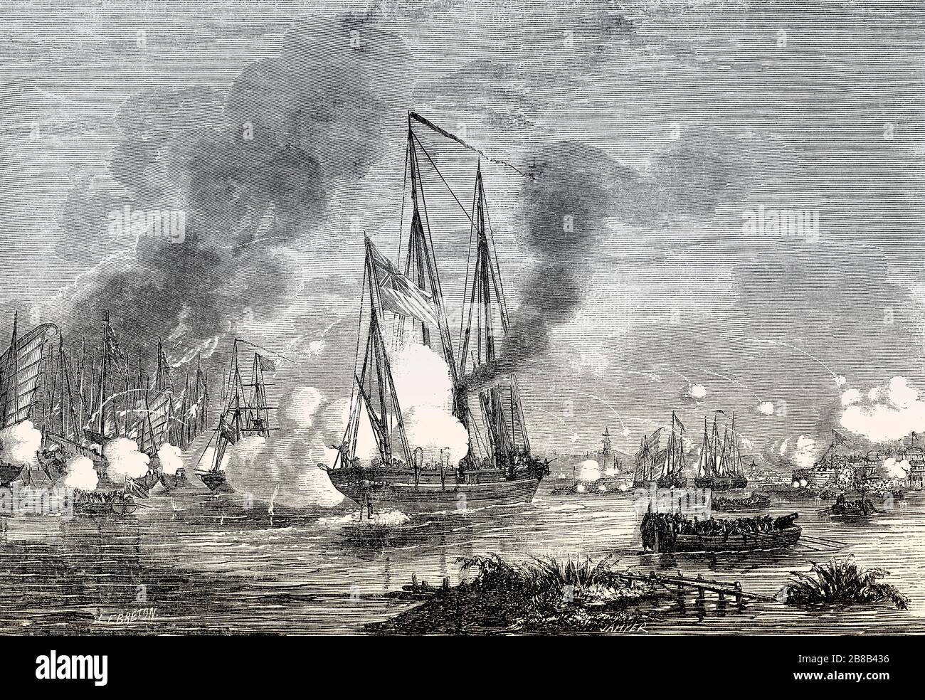 Naval Battle between the English Navy and Chinese junk ships, Second Opium War, 1857 Stock Photo