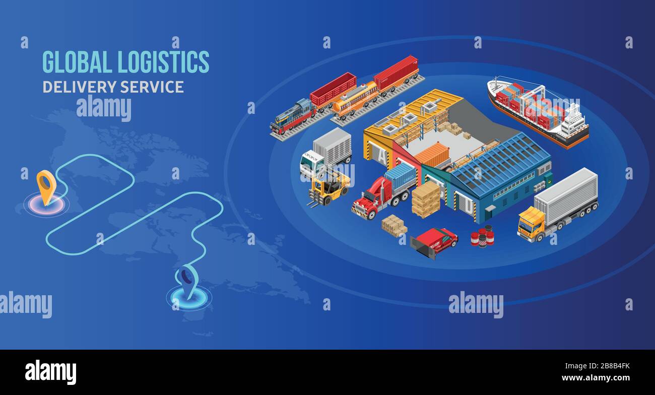 Delivery route depicted on world map near circle with various isometric ...
