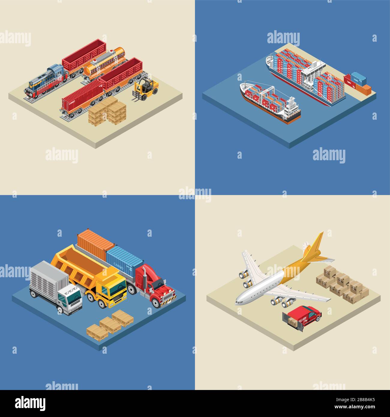 Set of isometric vector illustrations of various types of freight vessels and vehicles Stock Vector