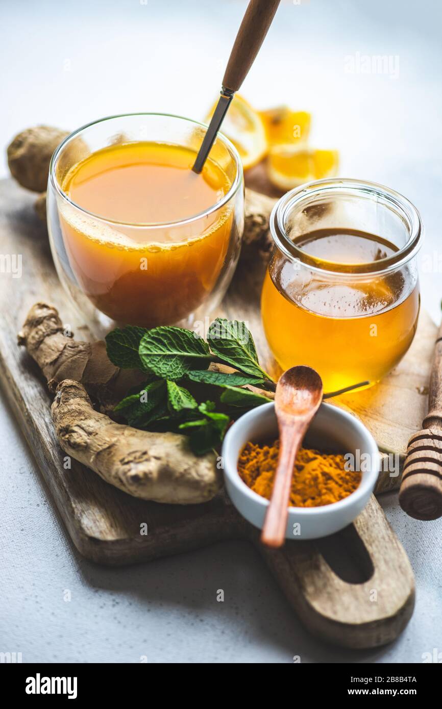 Ingredients for energy drink helping stay healthy with ginger, lemon