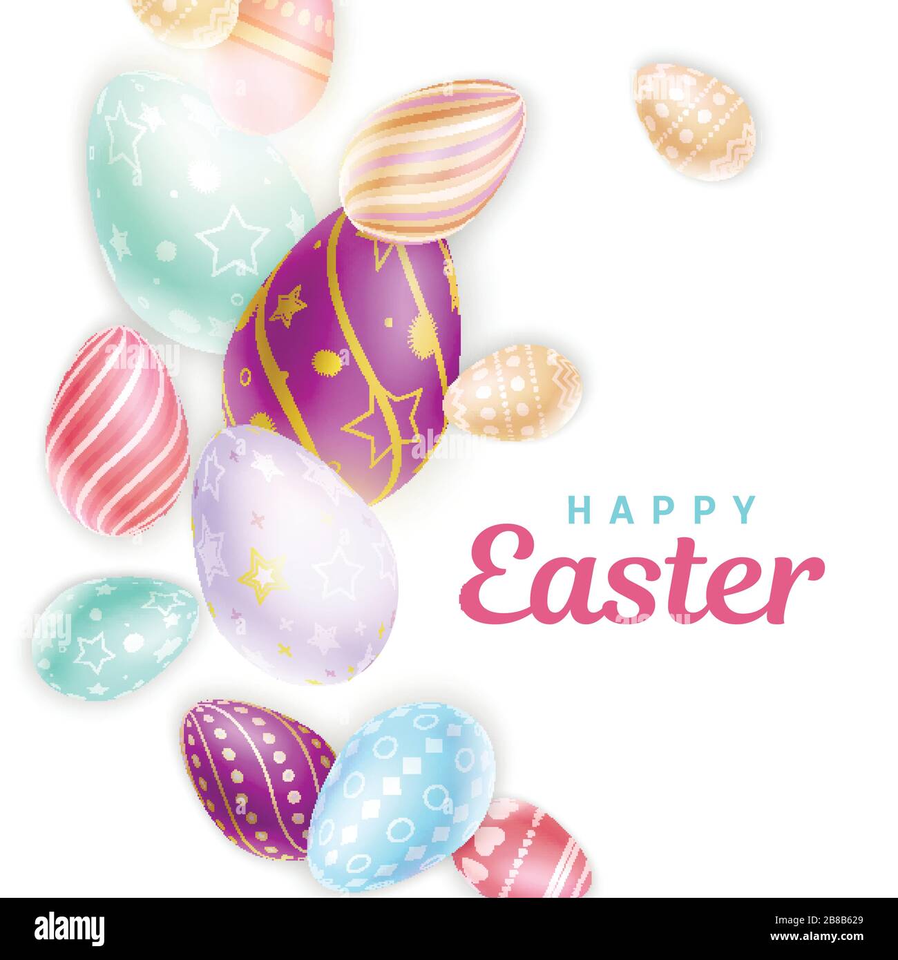 Set of various colored eggs near lovely Happy Easter inscription on white Stock Vector
