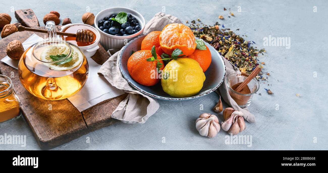 Remedies for cold and flu.Healthy food immune boosting selection. Foods