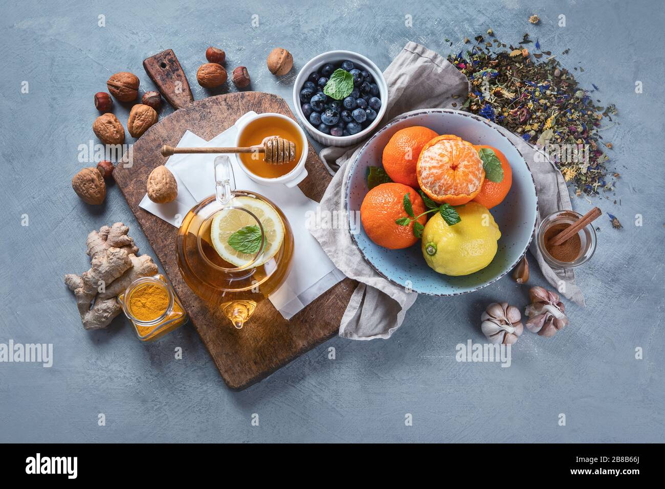 Remedies for cold and flu.Healthy food immune boosting selection. Foods