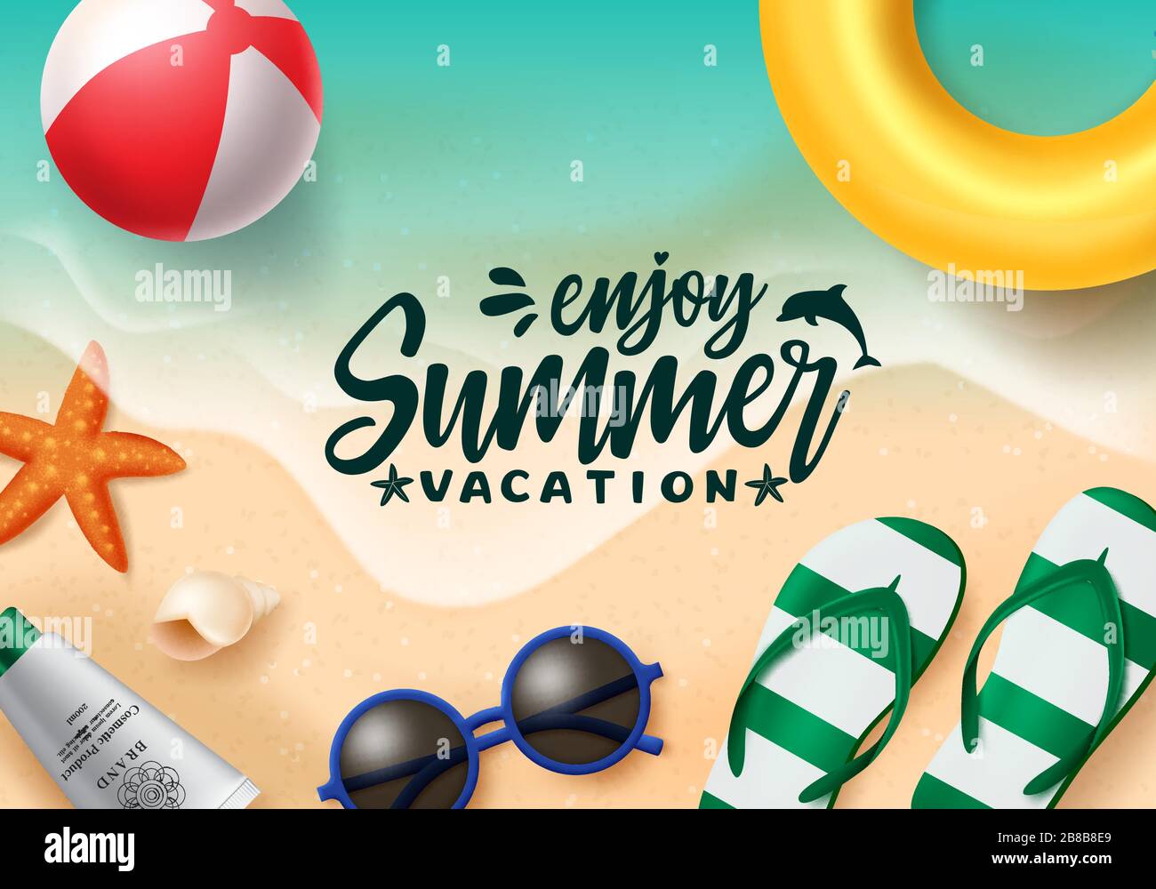 Summer vector banner design. Summer vacation text in beach seaside background with beach elements like floater, beach ball, sunglasses and flipflop. Stock Vector