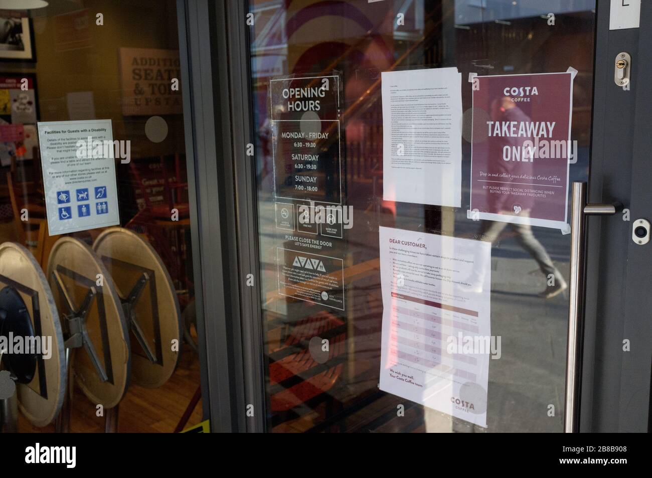 21st March 2020 Harrow London. Costa coffee in Harrow OnThe Hill, offering takeaway only due to Boris Johnson MP ordereding Britain Pubs, Bars and Restaurants to close, part of tougher measures to protect citizens from coronavirus. Stock Photo