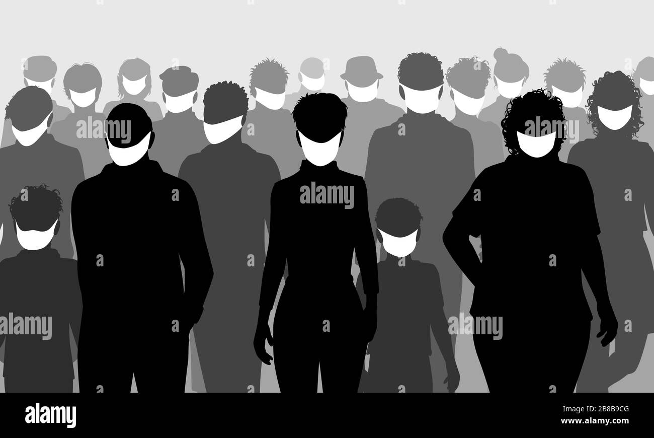 Editable vector silhouettes of a group of people all wearing facemasks Stock Vector