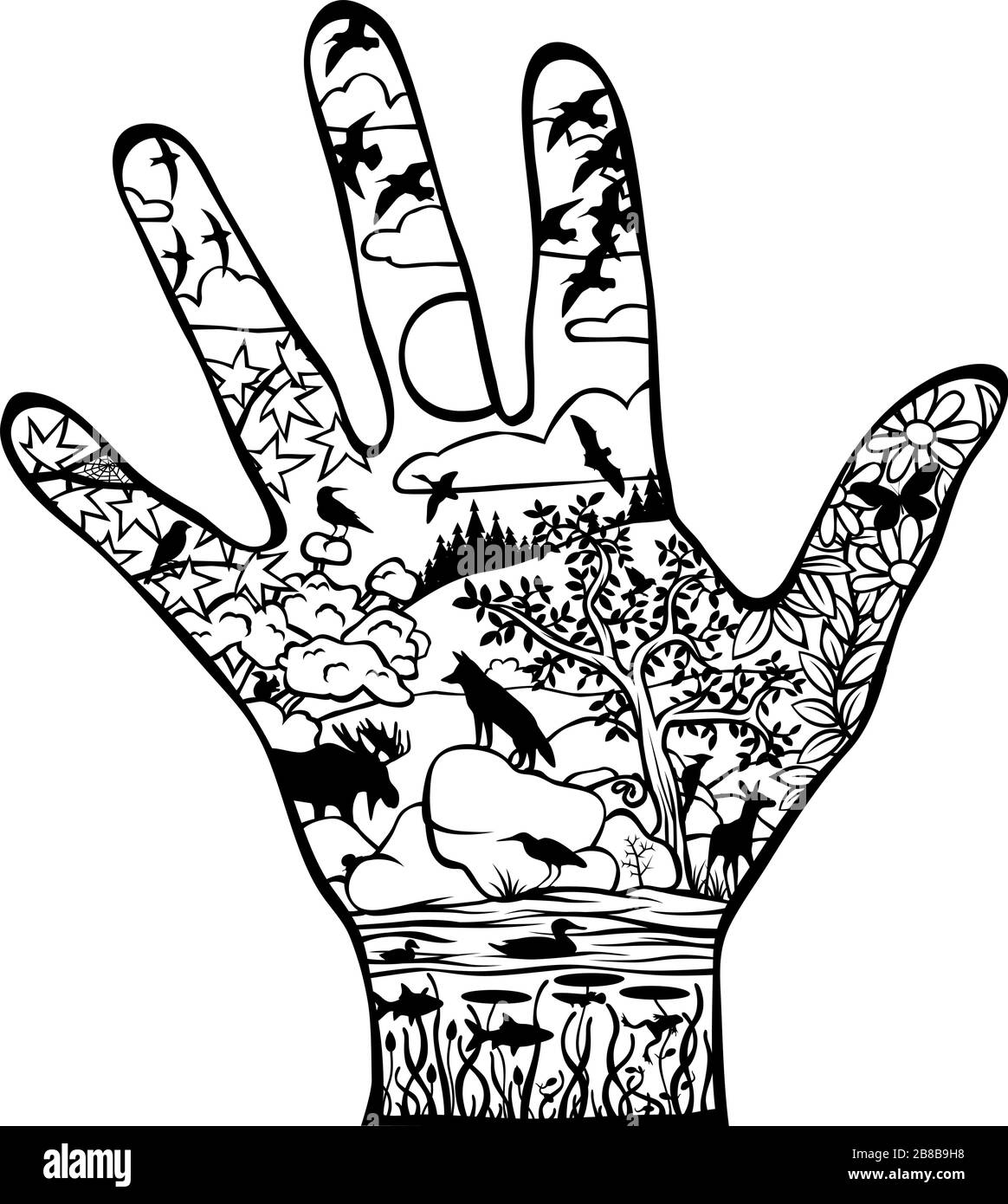 Editable vector illustration of the natural world within a hand outline Stock Vector