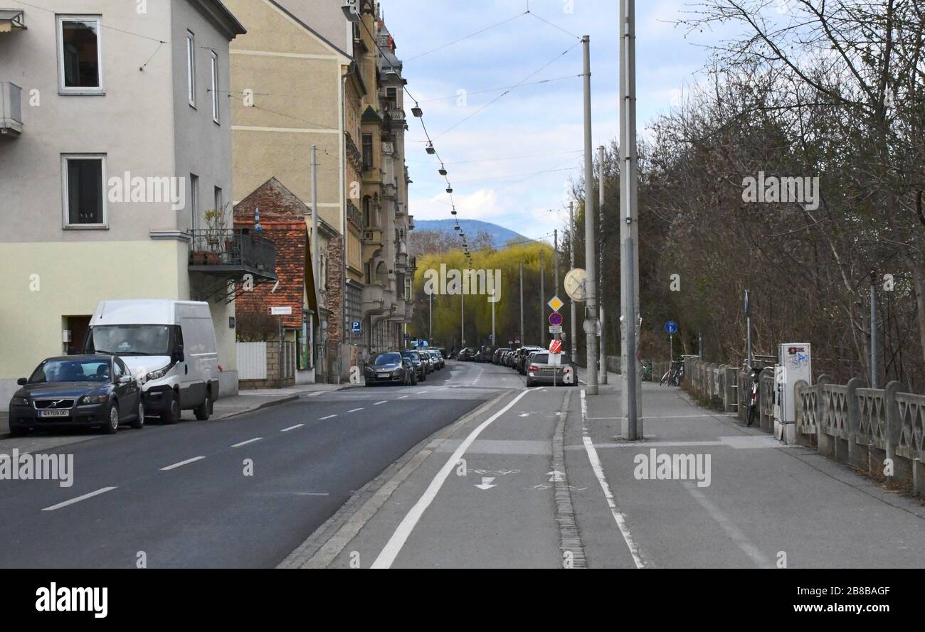 Empty street in Graz, Austria during Corona lockdown Stock Photo