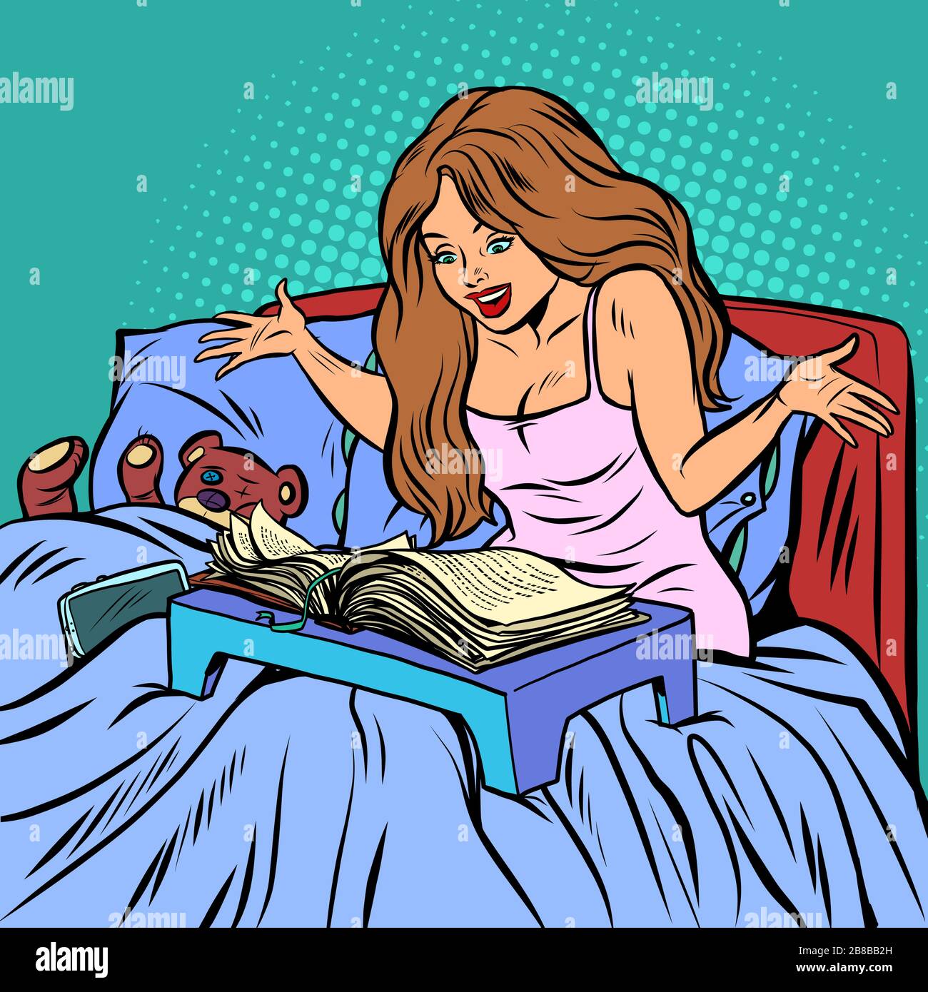 woman in bed reading a book Stock Vector
