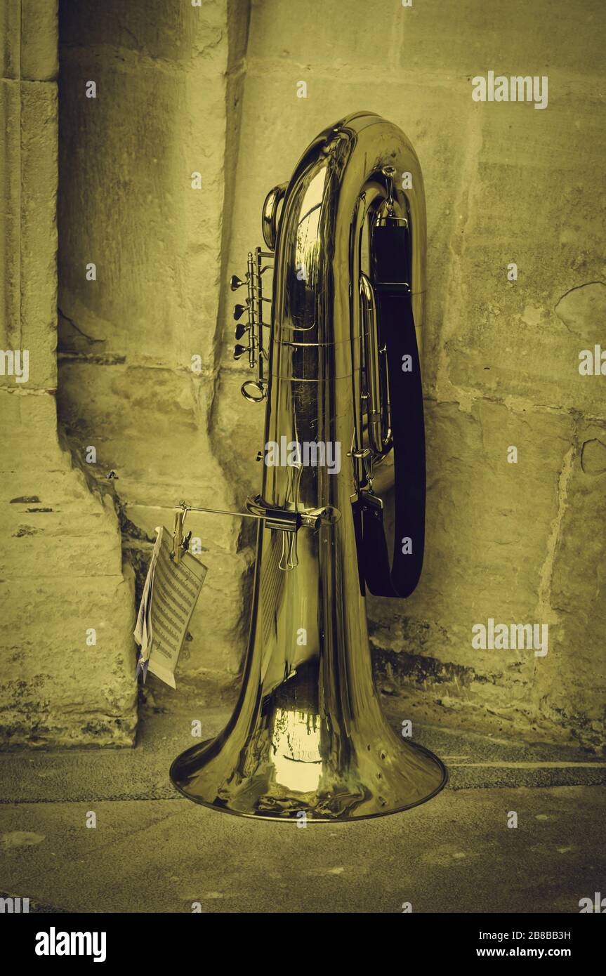 Trombone gold in the street, wind instrument detail in the street music