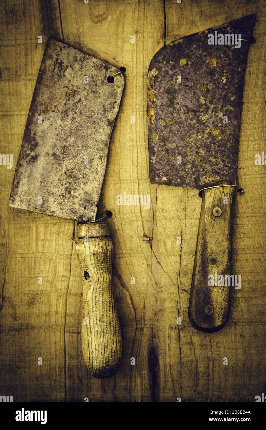 Antique kitchen knives, detail of objects to cut Stock Photo Alamy