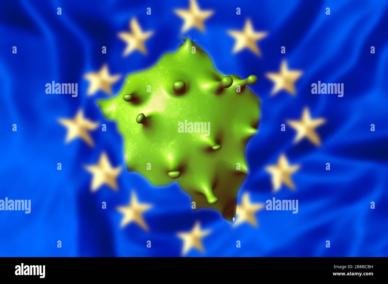 Covid-19 outbreak or new Coronavirus, 2019-nCoV, virus cell tearing the Europe flag. Covid 19-NCP virus: contagion and propagation of a disease in Stock Photo