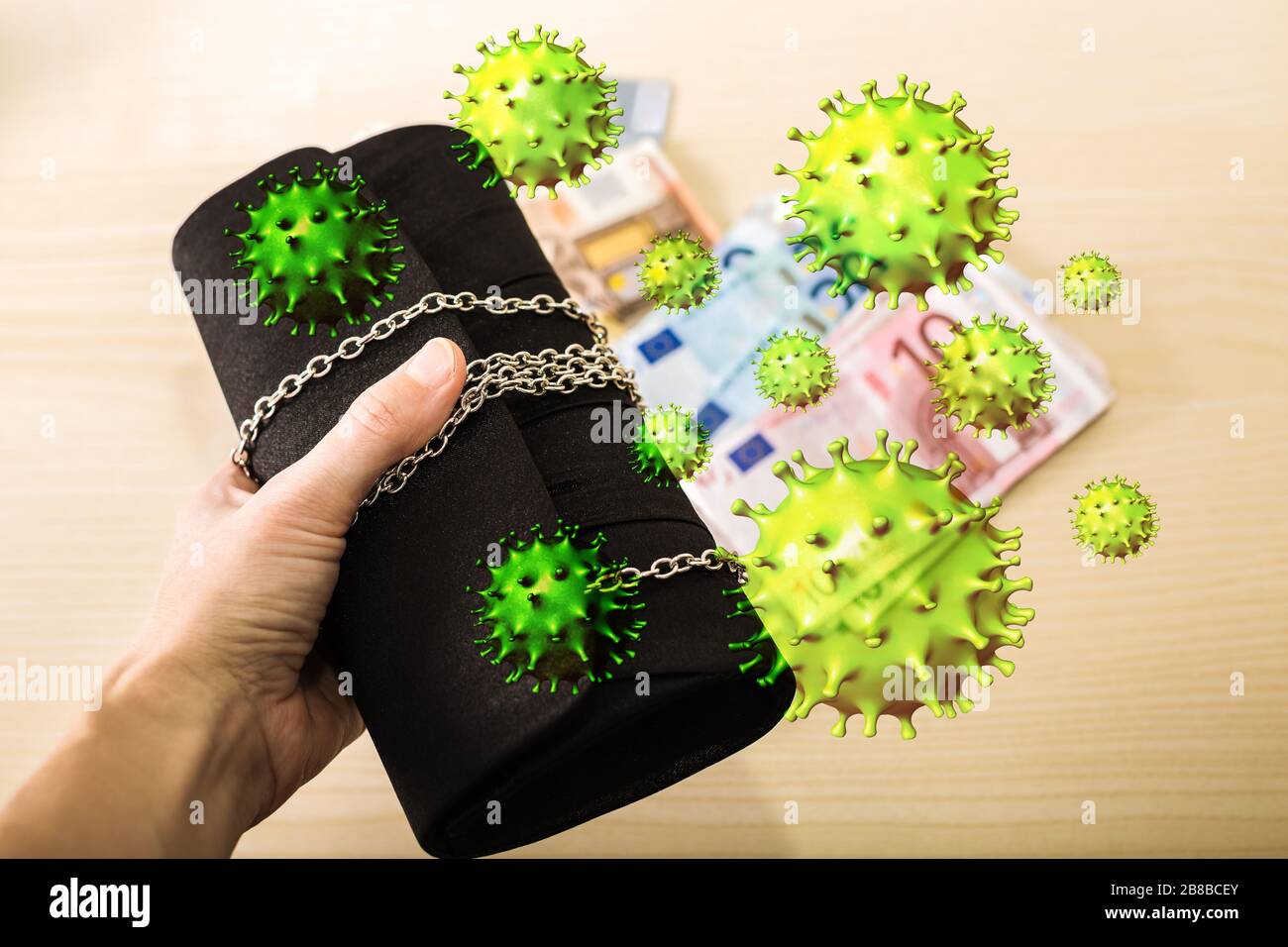 Covid-19 or Coronavirus and decrease in purchases. Euro crisis during 2019-nCoV or Covid 19-NCP. Pandemic epidemic is transmitted by touching infected Stock Photo