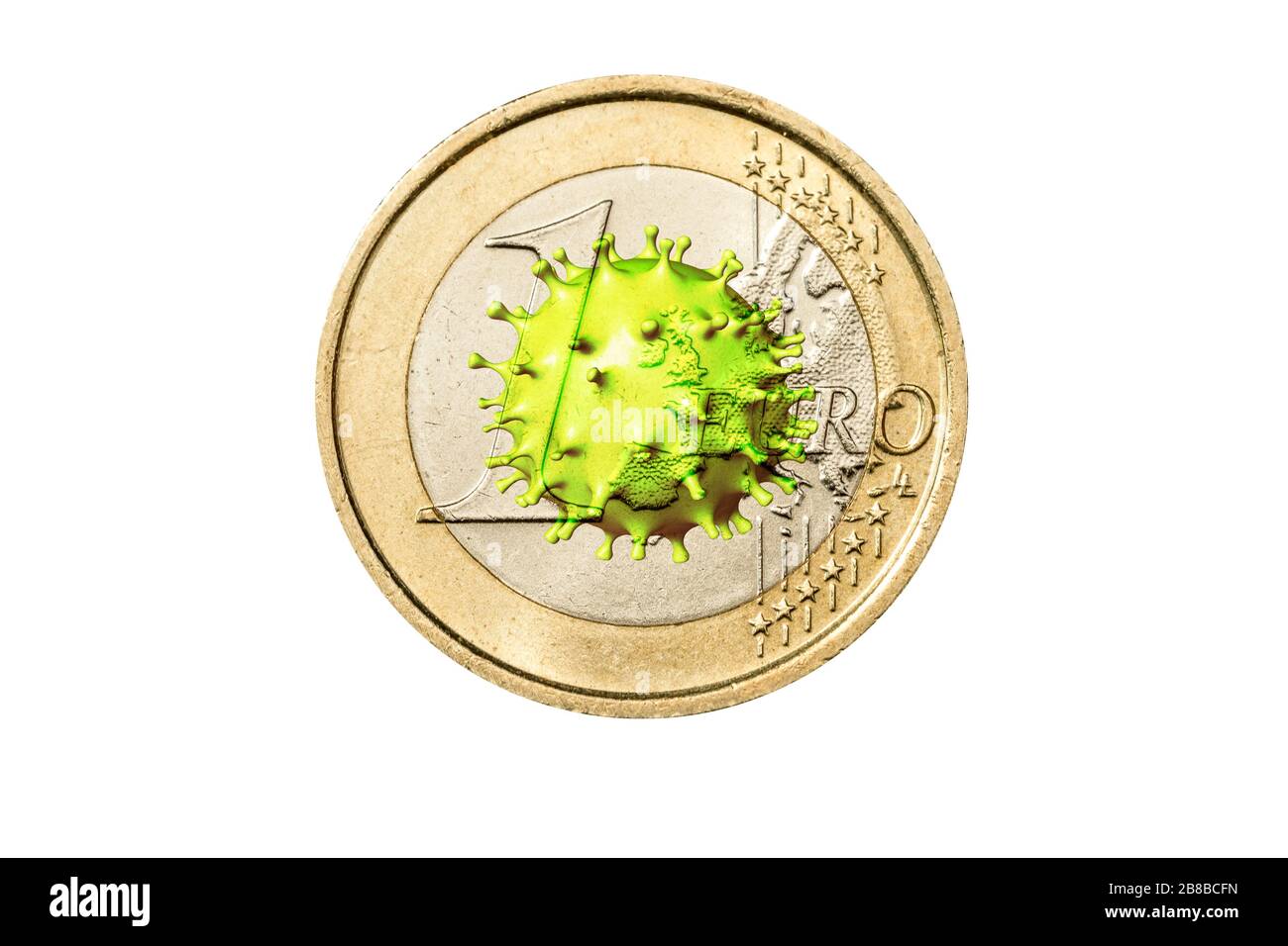 Pandemic and viral epidemic brings down European currency and stock exchange in Europe. Covid-19 outbreak or Coronavirus, 2019-nCoV, virus-cell above Stock Photo