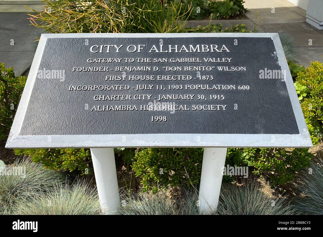 General overall view of Alhambra City Hall historical landmark sign in the wake of coronavirus COVID-19 pandemic outbreak, Friday, March 20, 2020, in Alhambra, California, USA. (Photo by IOS/Espa-Images) Stock Photo