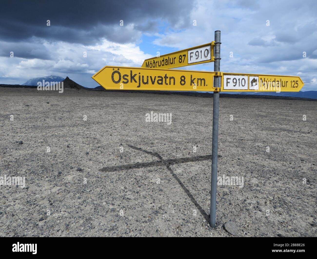 Three yellow traffic signs showing in different directions in a remote area of iceland in the middle of nowhere ( Öskjuvatn , Nyidalur , Mödrudalur ) Stock Photo