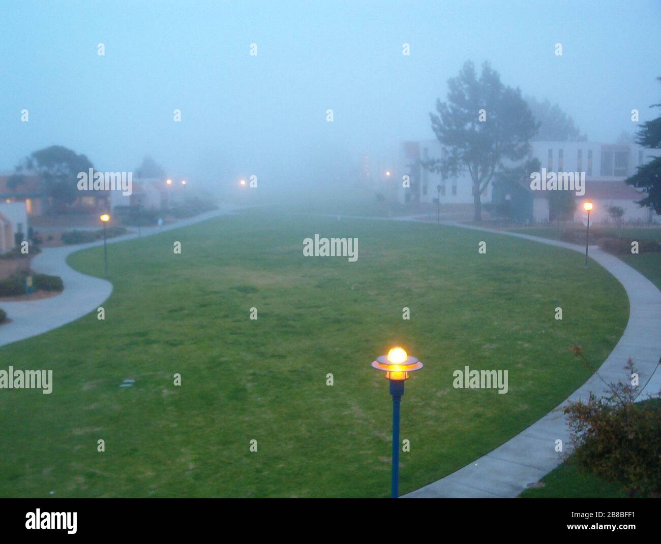 'English: I am the author of this photo. I took it during the fall of 2004 from the third floor of building 210 at CSUMB. It well represents the extreme fog that can often cover the entire campus. I feel it is fair to show to the public because no persons are displayed and the area (the CSUMB campus) is already considered public.; 25 June 2007 (original upload date); Transferred from en.wikipedia to Commons by Premeditated Chaos using CommonsHelper.; DirectorG at English Wikipedia; ' Stock Photo