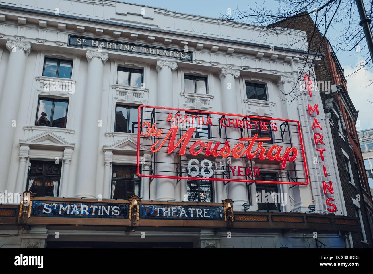 London, UK - March 06, 2020: Mousetrap neon sign on the facade of St ...