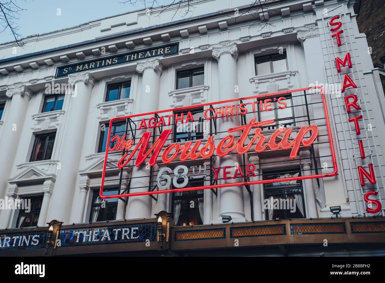 London, UK - March 06, 2020: Mousetrap neon sign on the facade of St ...