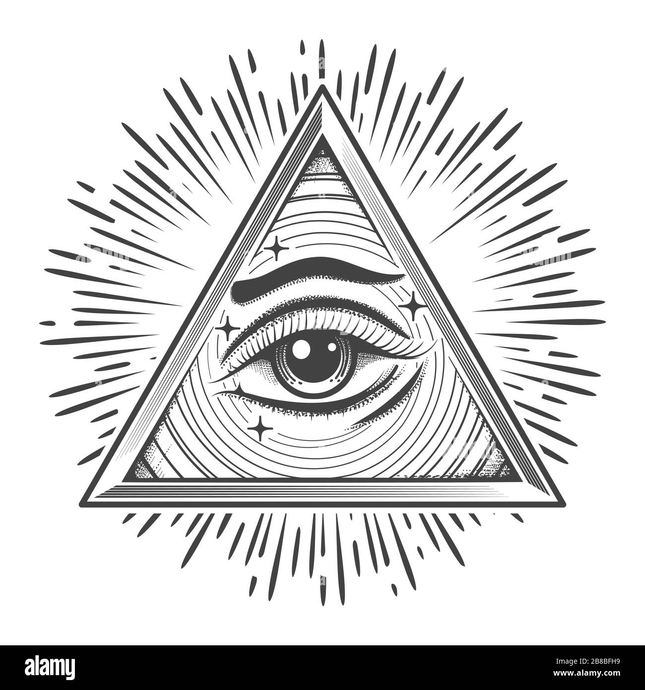 All seeing Eye in Triangle. Freemasonry occult Symbol in engraving style. Vector illustration Stock Vector