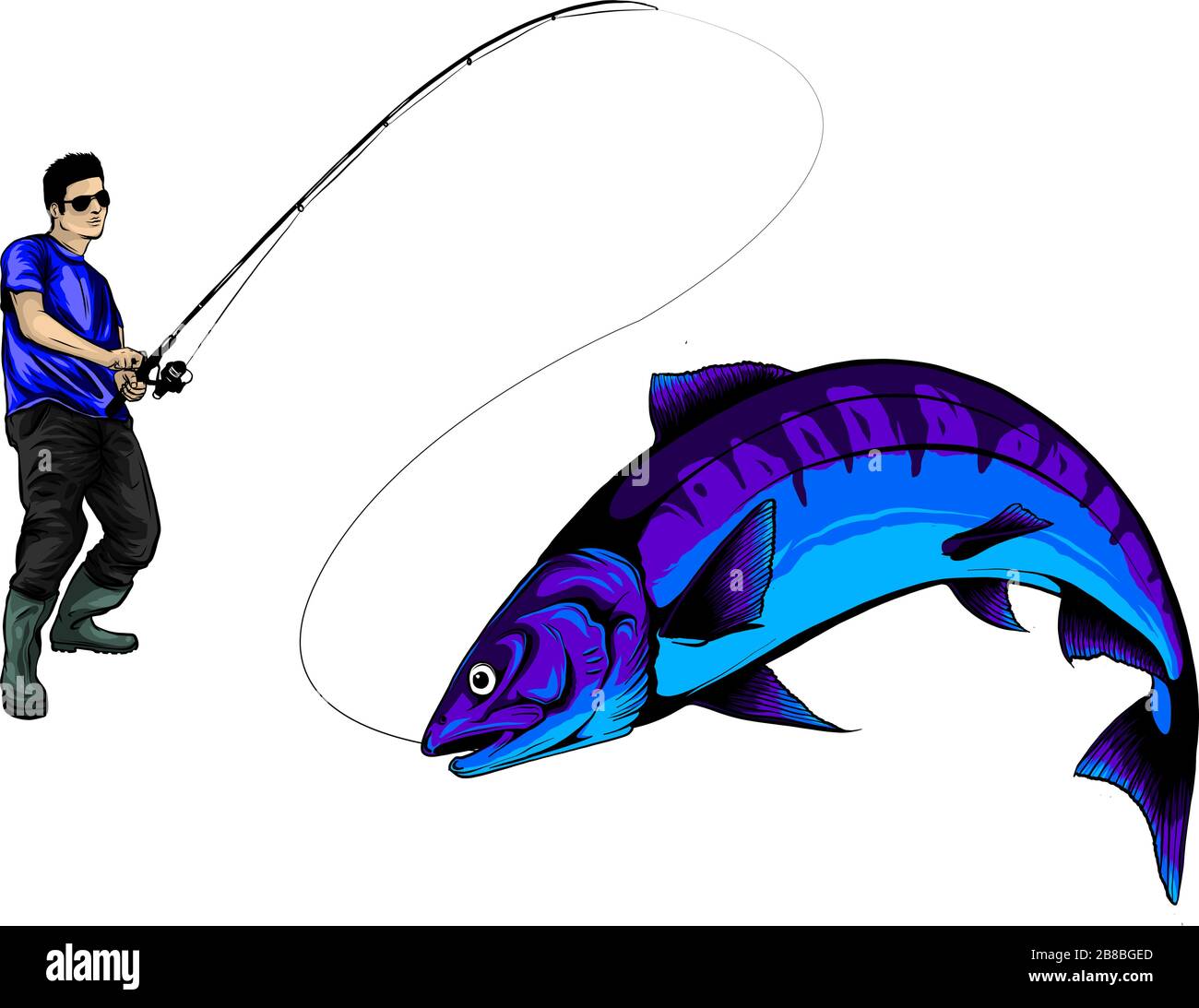 Isolated illustration of big peach fish in waves with fishing rod. Vector illustration Stock Vector