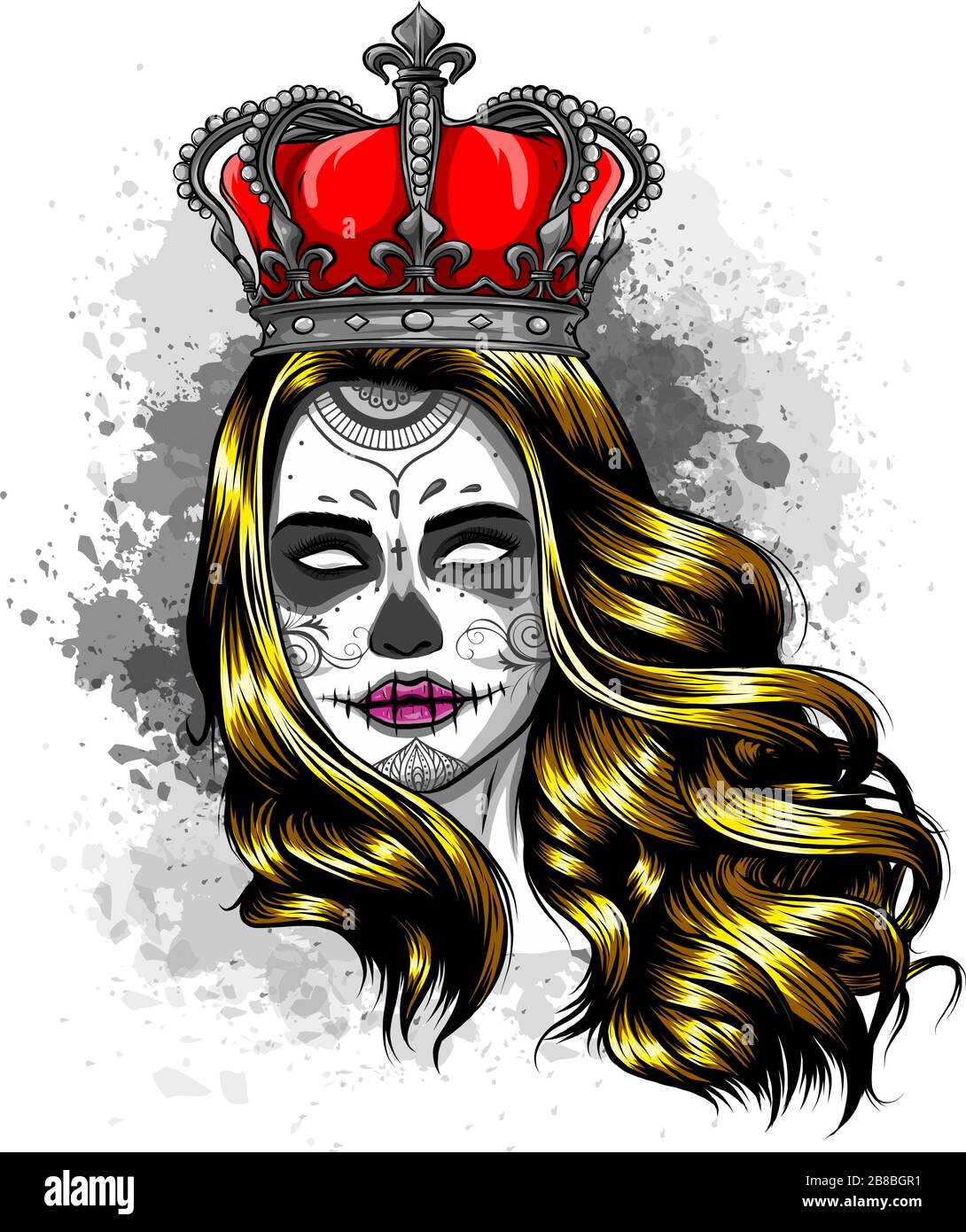 Female skull with a crown and long hair. Queen of death drawn in tattoo style. Vector illustration. Stock Vector