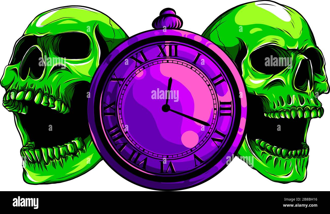pocket watch with human skull,Time and death concept. illustration line art. Stock Vector
