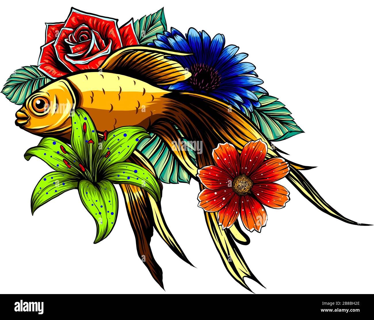 vector illustration of japanese koi fish tattoo style drawing.japan background.tattoo koi fish design. Stock Vector