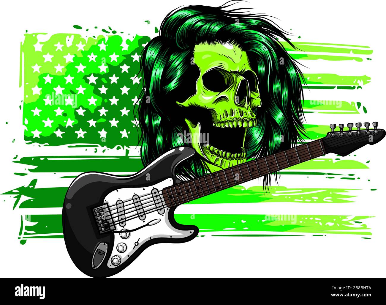 Human skull and electric guitar. Symbol of rock, musical festivals Stock Vector