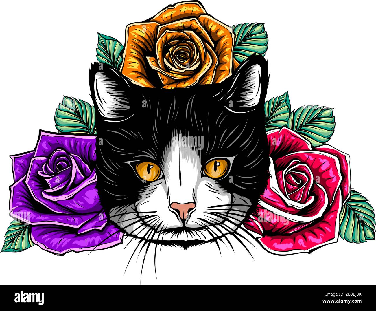 Vector Color Cat Roses Illustration design art Stock Vector