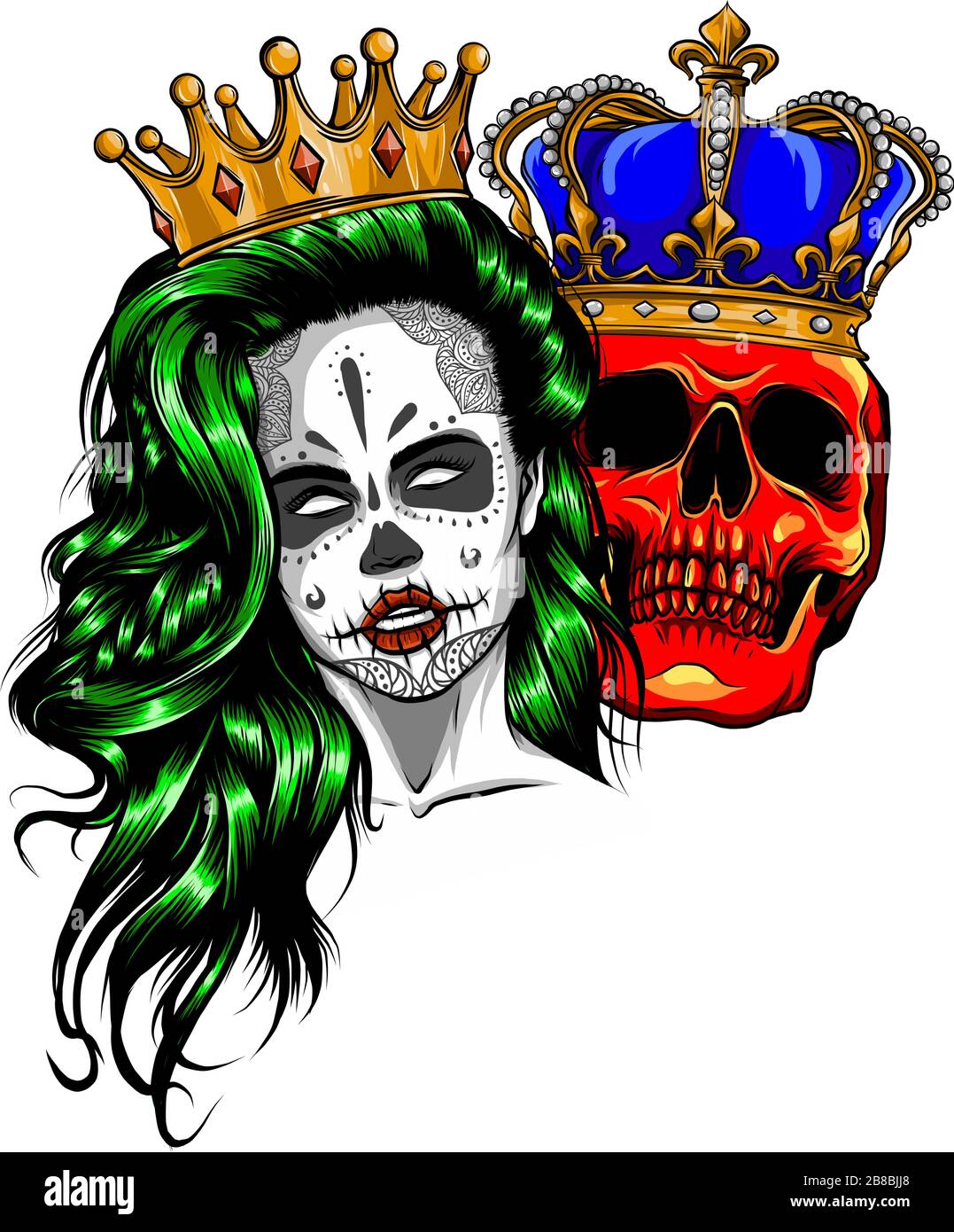 King and queen of death. Portrait of a skull with a crown. Stock Vector