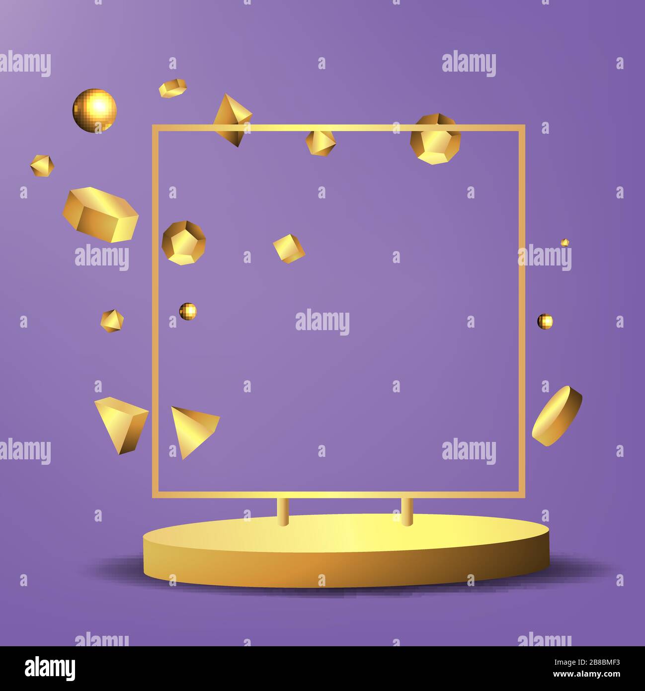 Metallic Golden Frame Metallic golden frame with floating geometrical forms, round platform ...