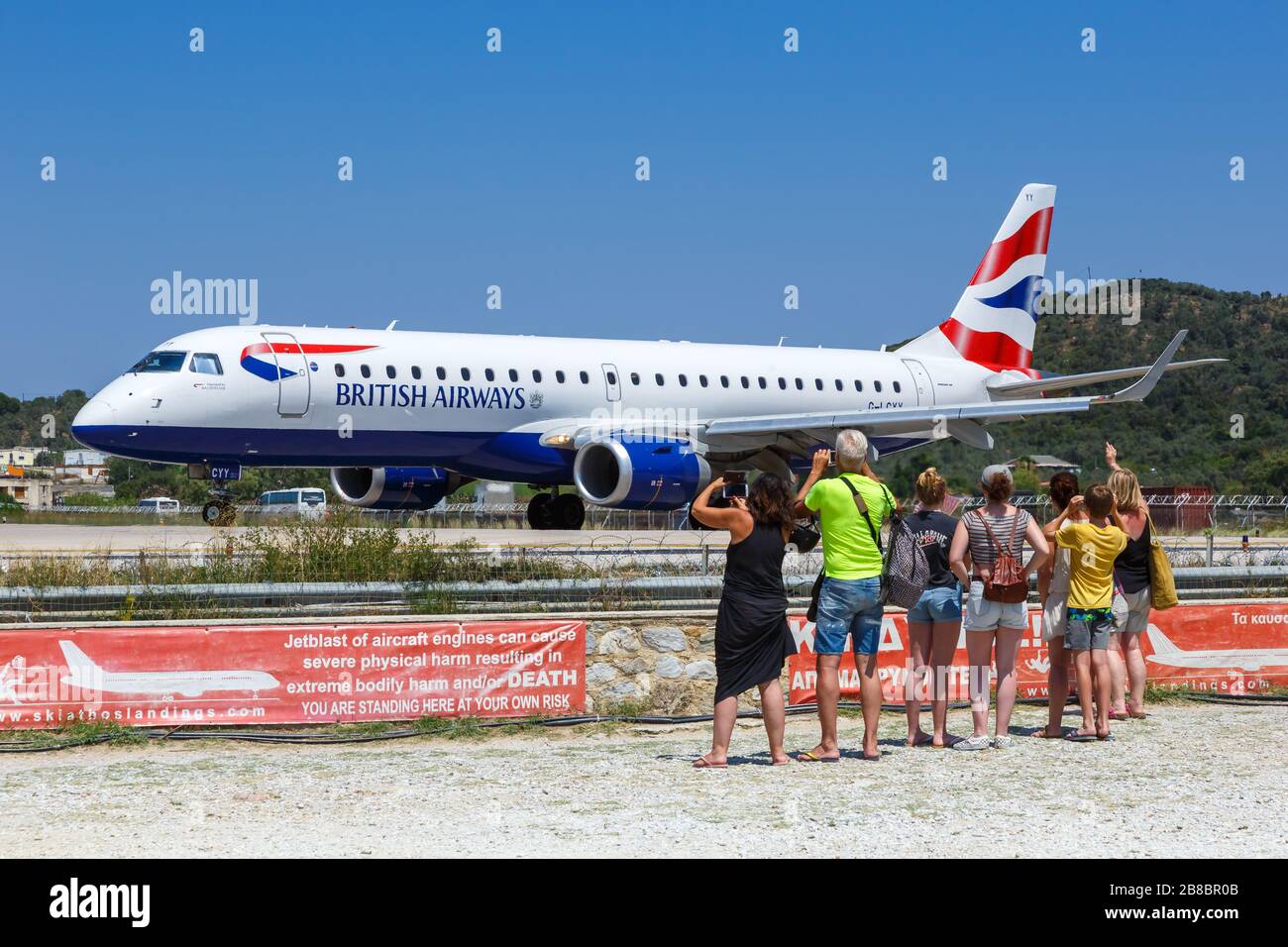 Skiathos, Greece – July 29, 2019: British Airways BA CityFlyer Embraer 190 airplane at Skiathos airport (JSI) in Greece. Stock Photo