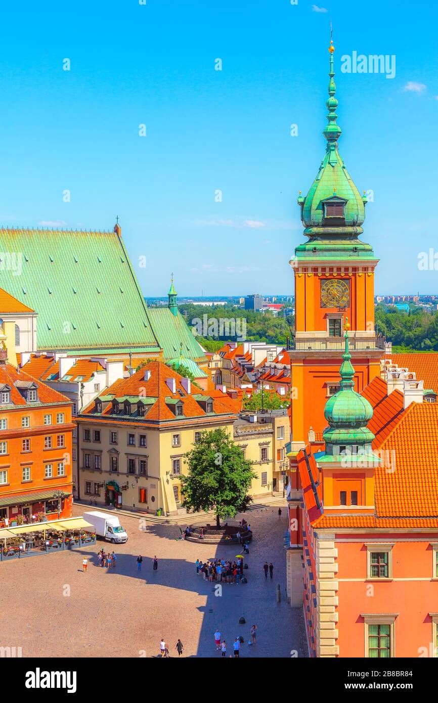 Warsaw, Poland colorful houses in Castle Square in the Old Town of polish capital aerial view
