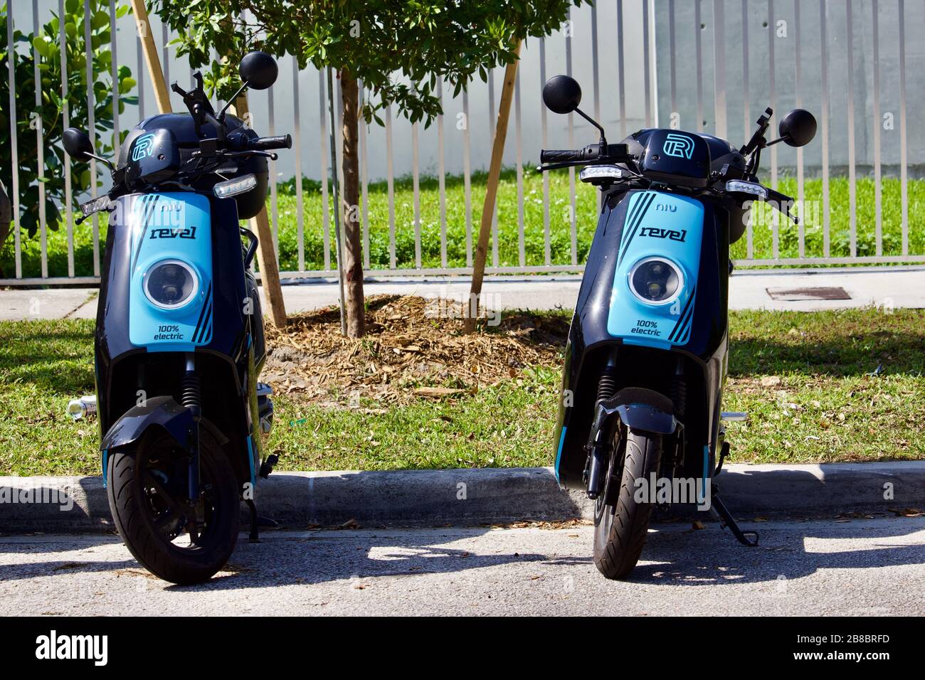 3/5/2020 Miami FL Multiple Revel electric mopeds on a street in a