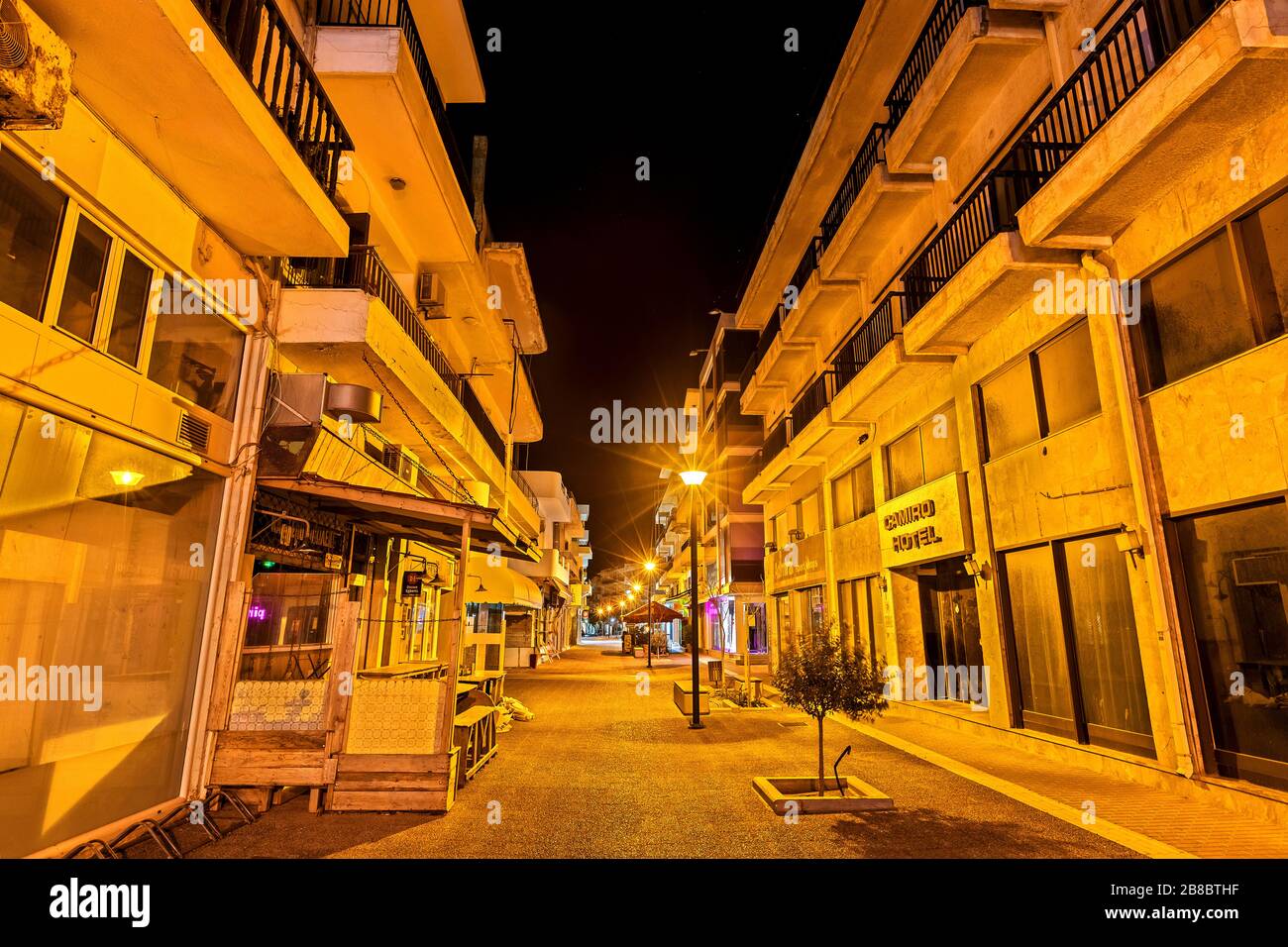 Ierapetra town (Crete, Greece) looking like a "ghost town" after the strict measures of the Greek government for the coronavirus pandemic. Stock Photo
