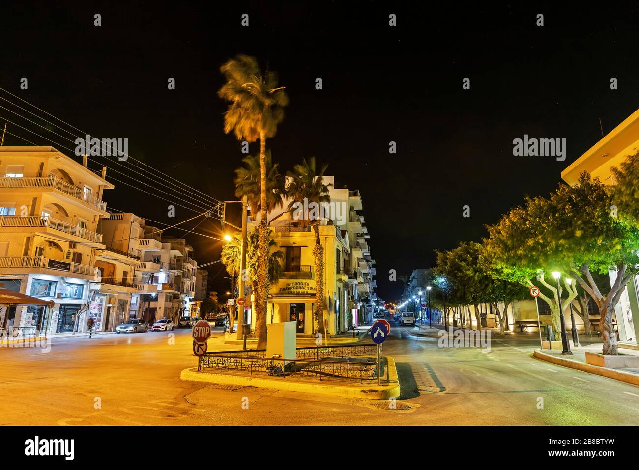Ierapetra town (Crete, Greece) looking like a "ghost town" after the strict measures of the Greek government for the coronavirus pandemic. Stock Photo