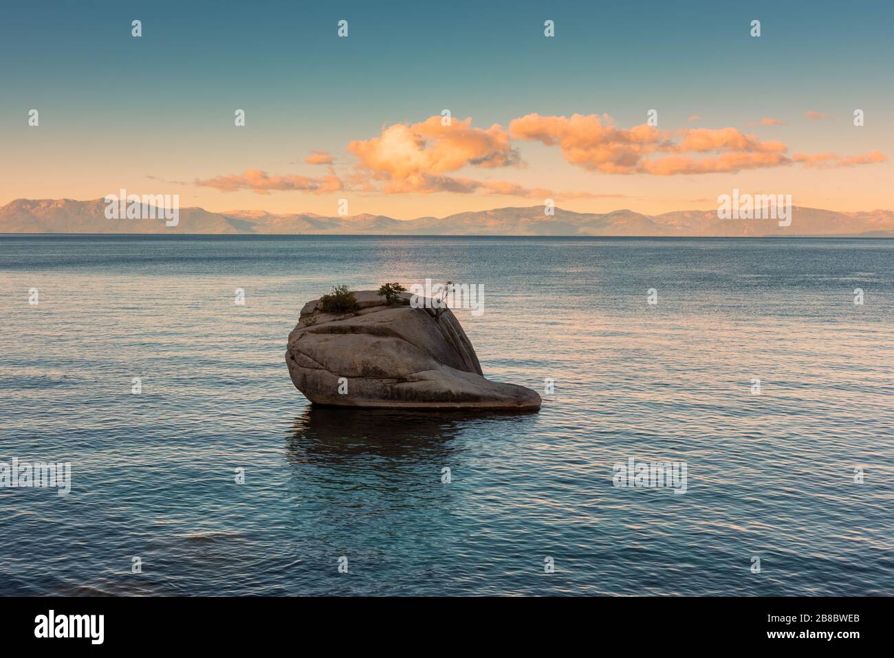 Bonsai Rock in Lake Tahoe on the Nevada side, USA. California is located across the water Stock Photo