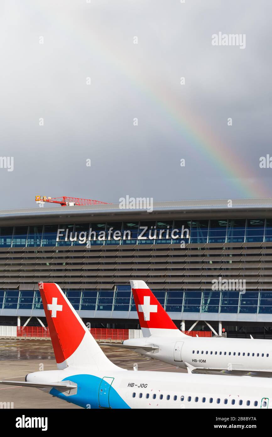 Zurich, Switzerland – February 10, 2020: Airside Center of Zurich airport (ZRH) in Switzerland. Stock Photo