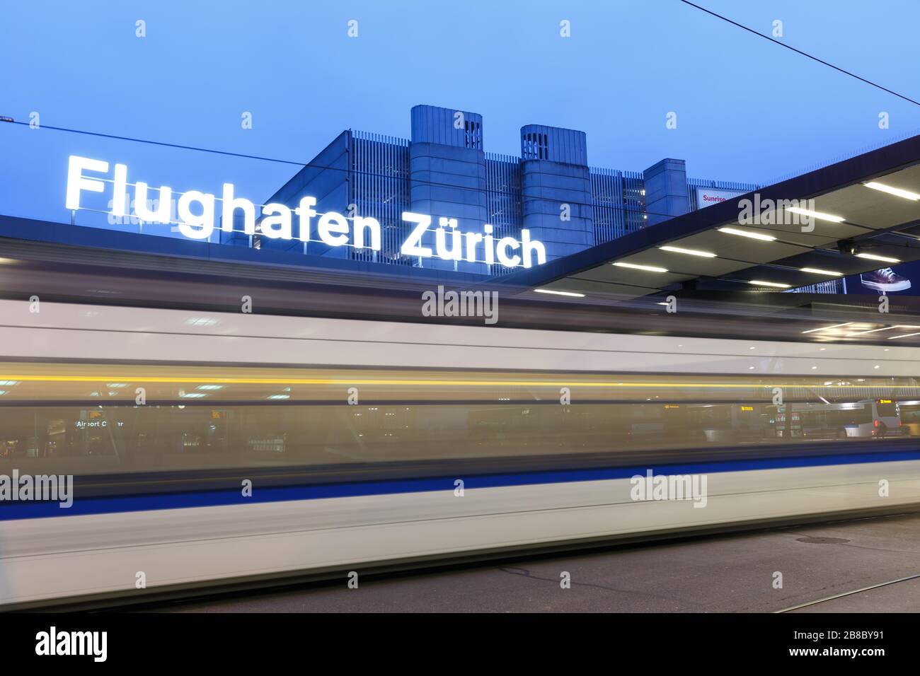 Zurich, Switzerland – February 22, 2018: Tram at Zurich airport (ZRH) in Switzerland. Stock Photo
