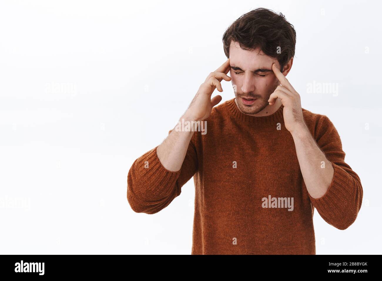 Closeup portrait of man feel dizzy and unwell, close eyes grimace face