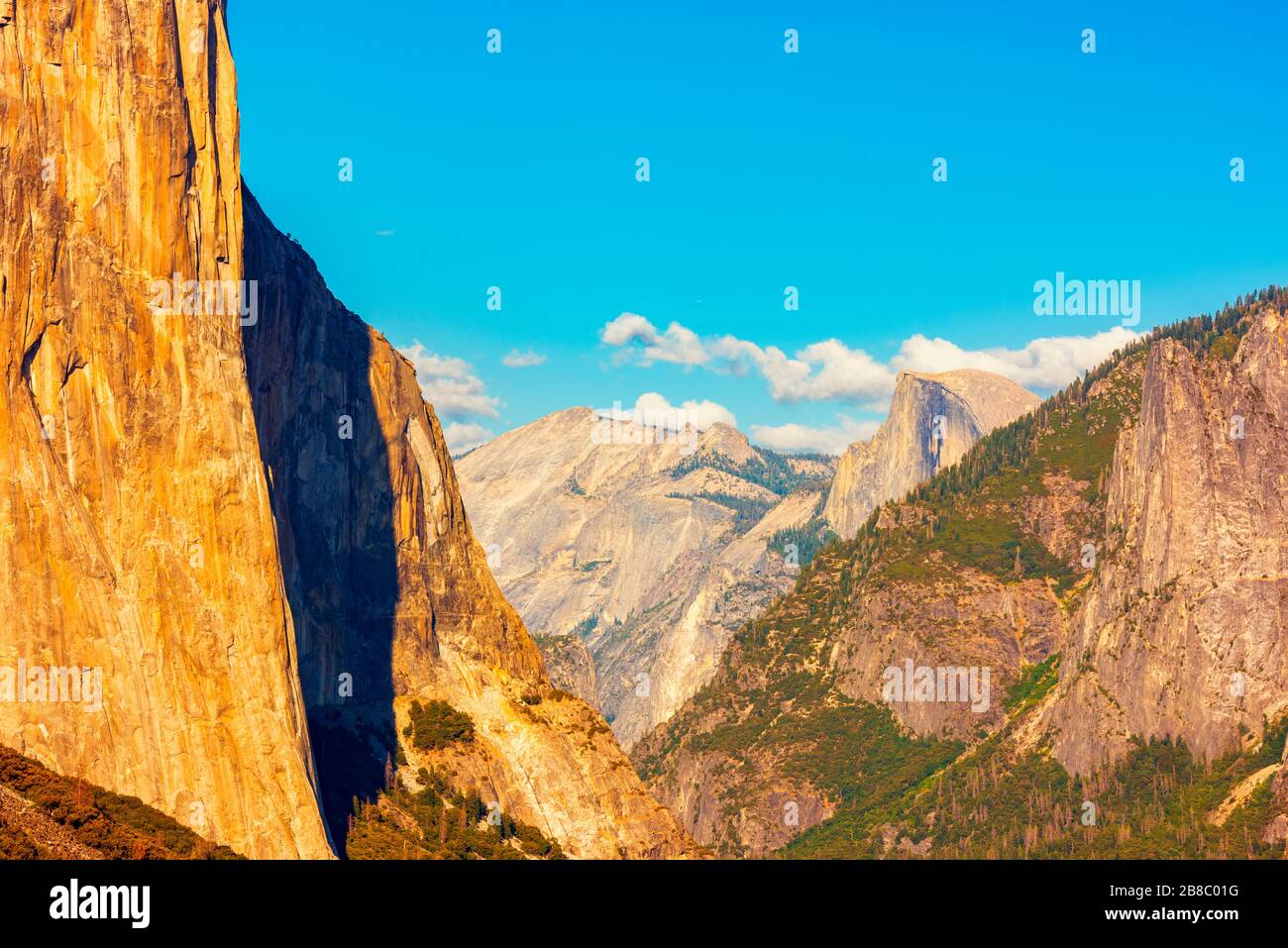 Tunnel View with El Capitan and Half Dome in Yosemite National Park around sunset Stock Photo