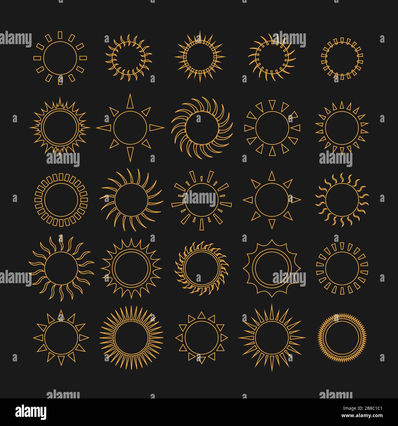 Sun icon set on black background Stock Vector
