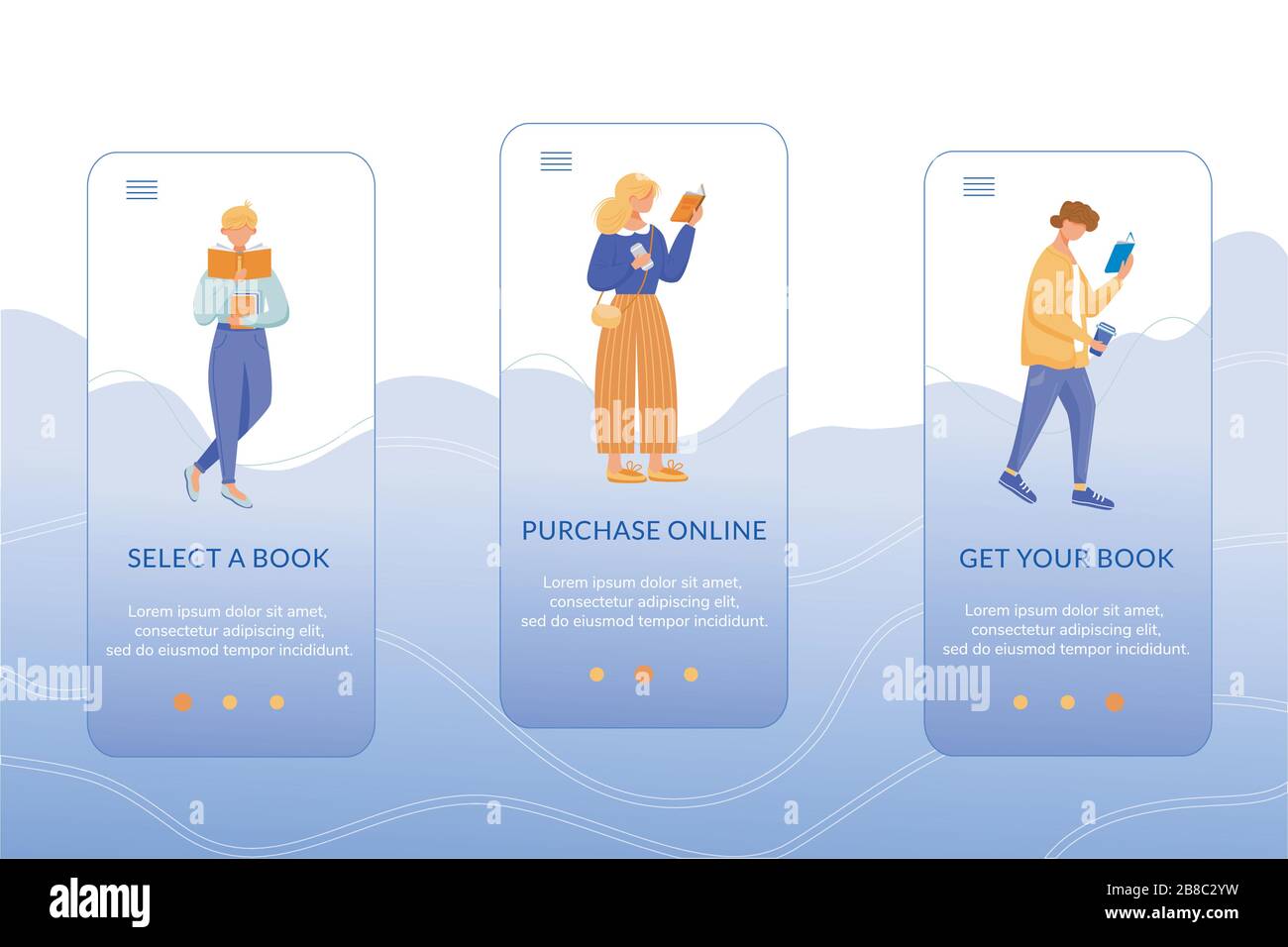 Online bookstore onboarding mobile app screen vector template Stock Vector