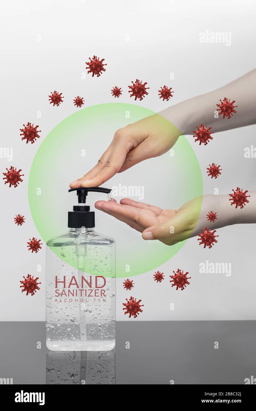 personal hygiene. people washing hand by hand sanitizer alcohol gel for cleaning and disinfection, prevention of spreading of germs with graphic of CO Stock Photo
