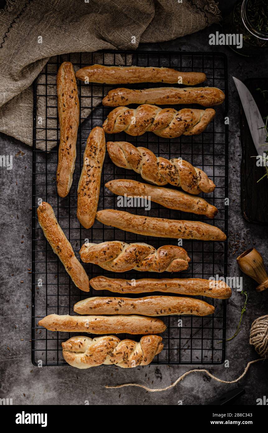 Delicious homemade salted sticks with cumin and sea salt Stock Photo