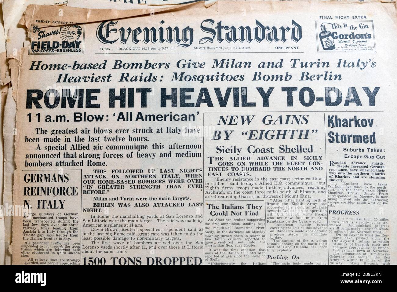 'Rome Hit Heavily To-Day' Evening Standard newspaper headline front page during WWII in London England UK 1943 Stock Photo